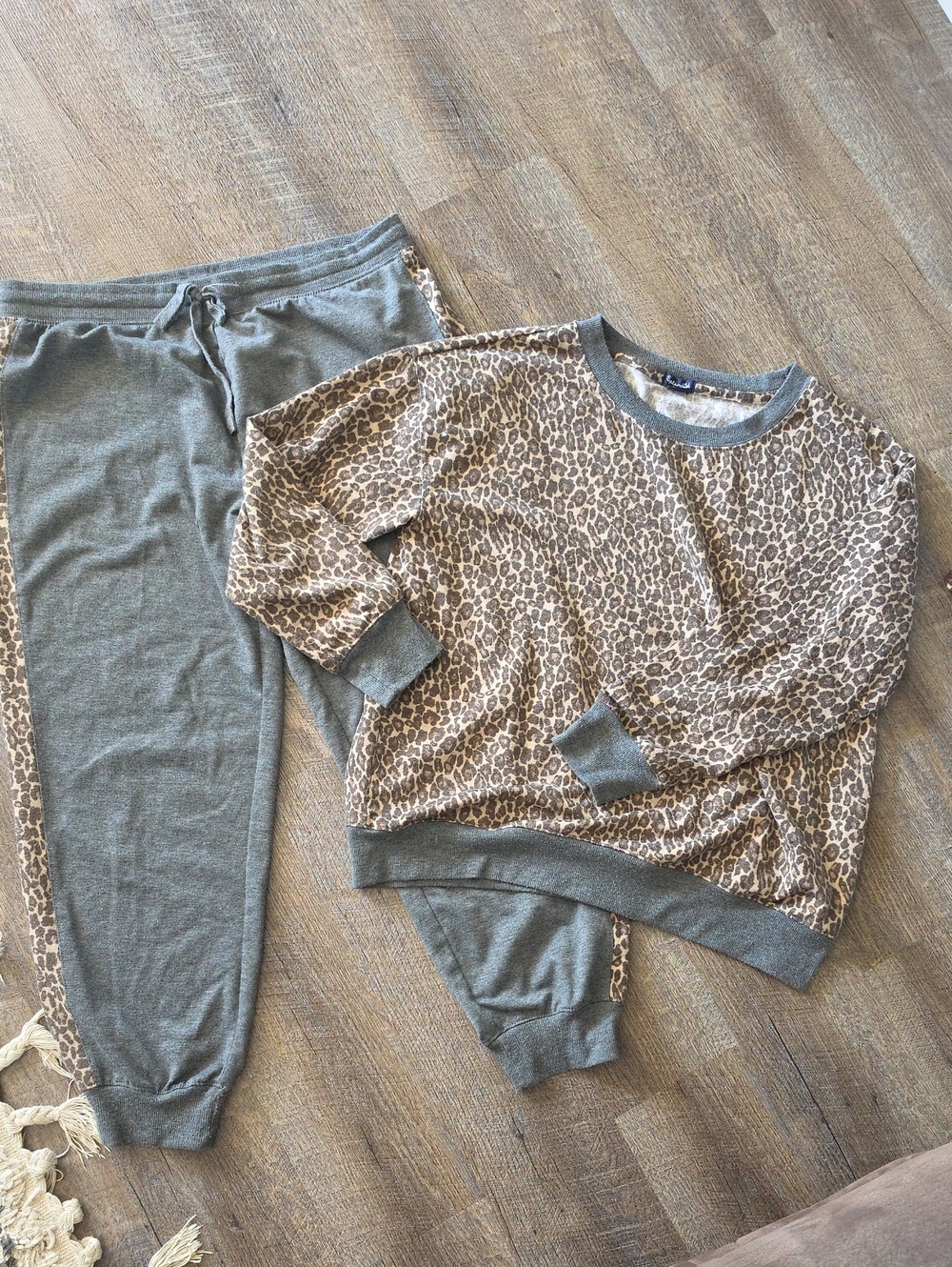 Splendid Leopard Print Top with Gray Jogger Pajama Set